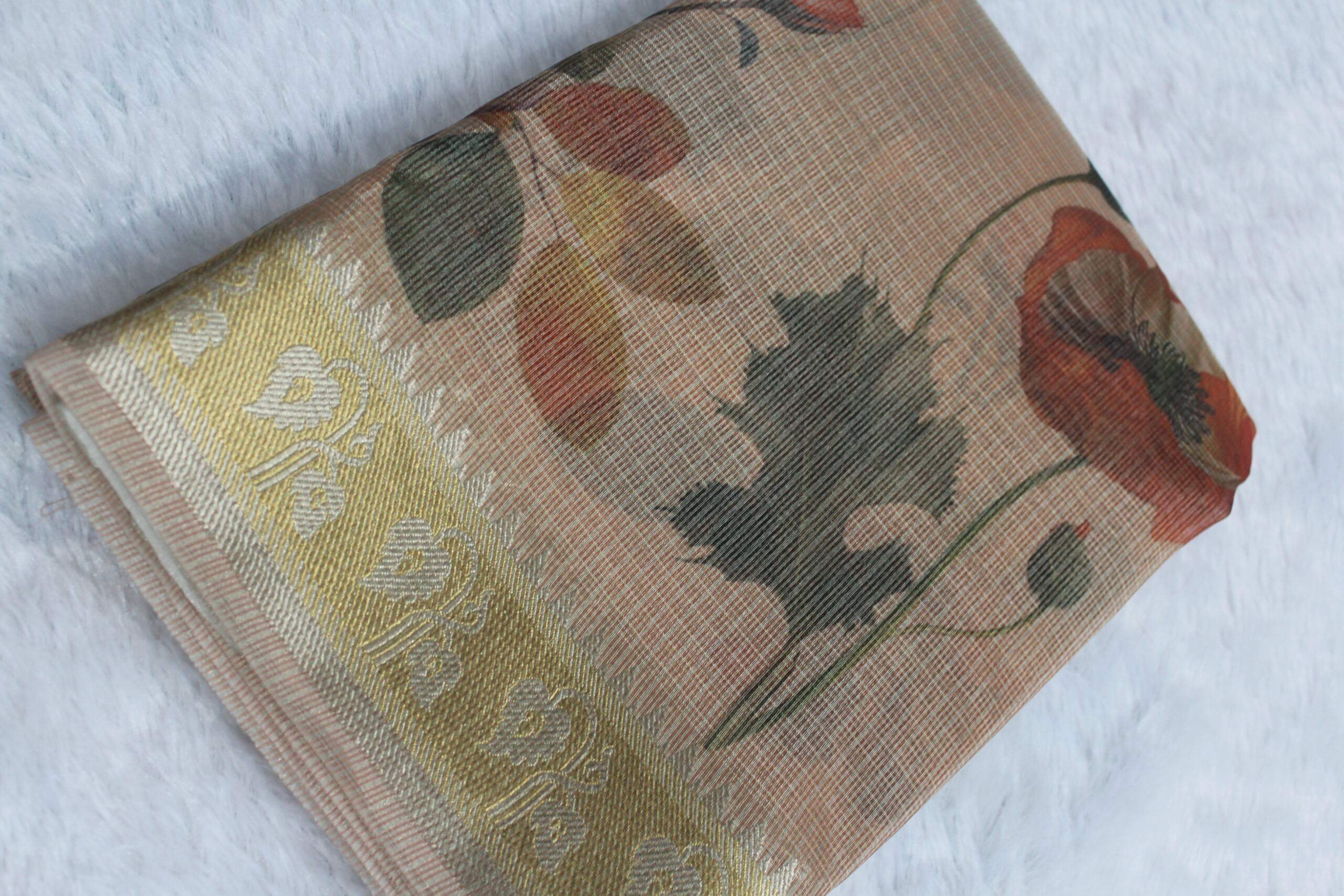 Kota Silk digital print Saree with Golden Zari Border